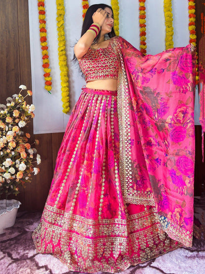 Tulsi Art Stunning Pink Floral Printed Organza Bridesmaid Lehenga Choli