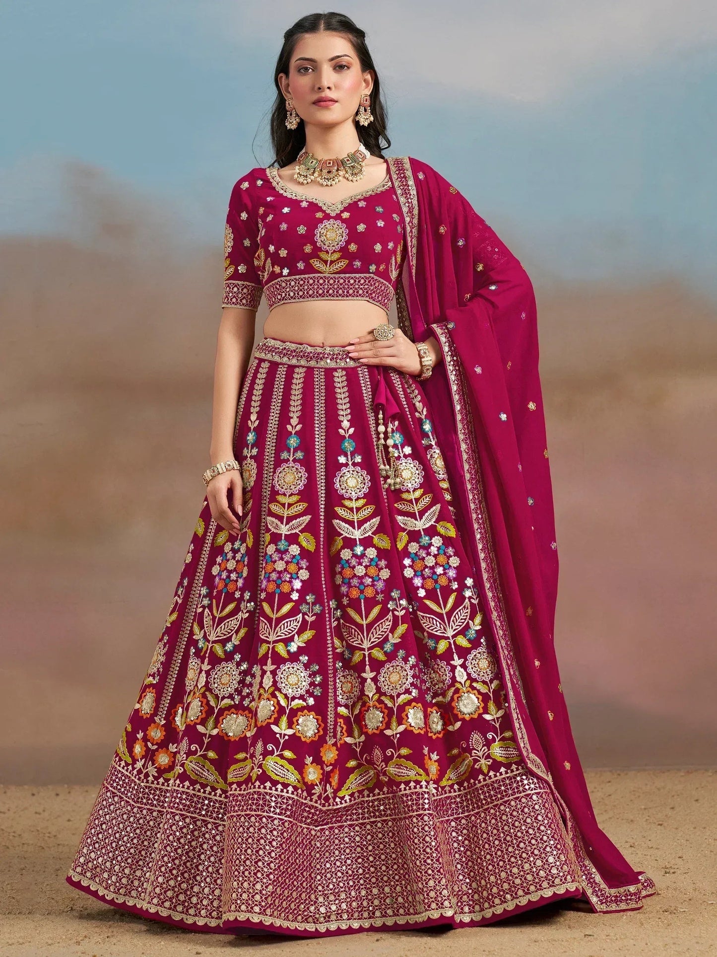 Tulsi Art Stunning Pink Thread Work Georgette Engagement Wear Lehenga With Blouse