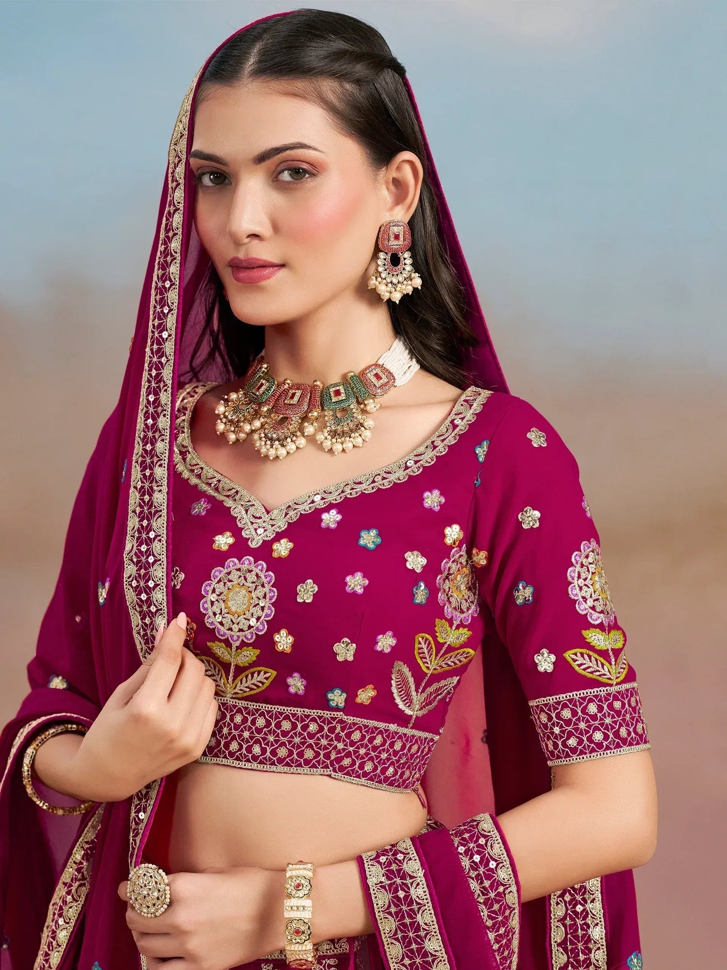 Tulsi Art Stunning Pink Thread Work Georgette Engagement Wear Lehenga With Blouse