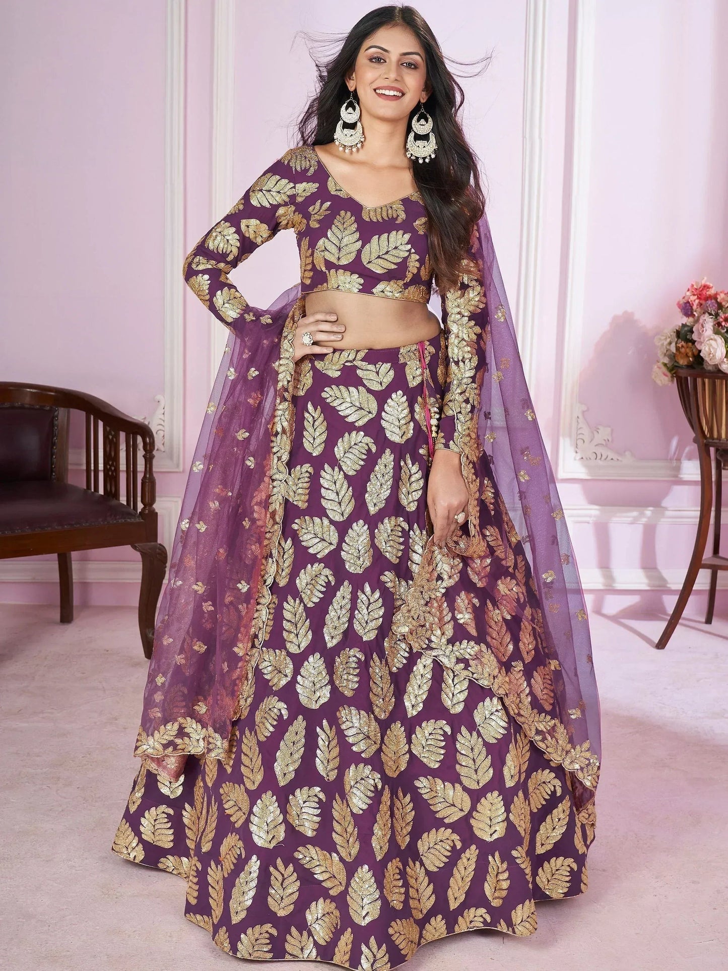Tulsi Art Stunningâ Purple Sequins Georgette Engagement Wear Lehenga Choli