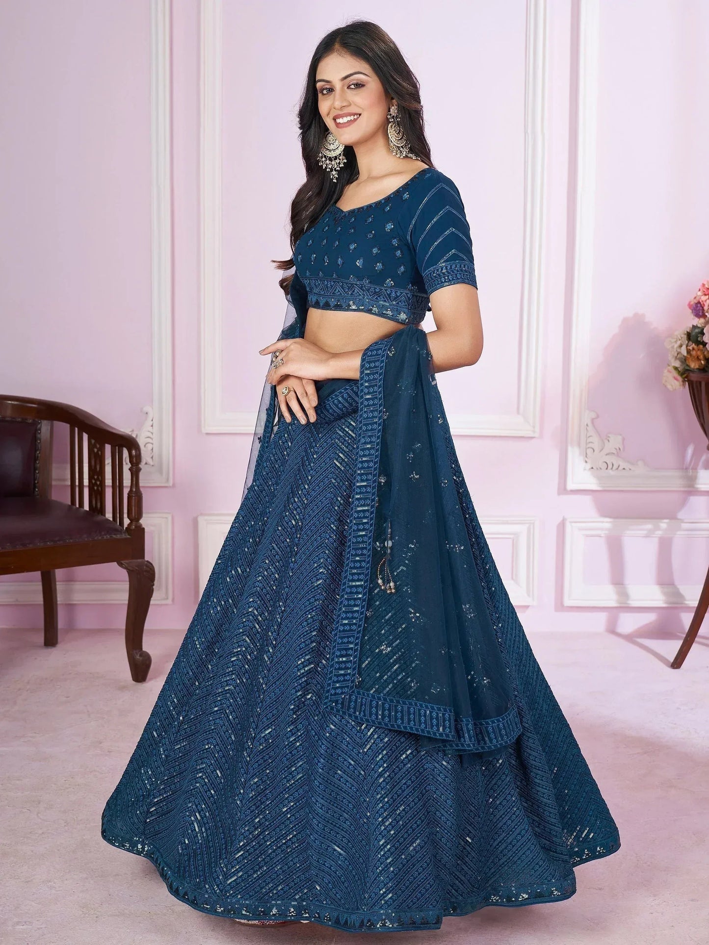 Tulsi Art Stunning Teal Blue Sequins Georgette Wedding Wear Lehenga Choli