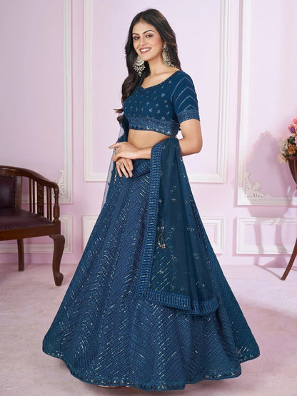 Tulsi Art Stunning Teal Blue Sequins Georgette Wedding Wear Lehenga Choli