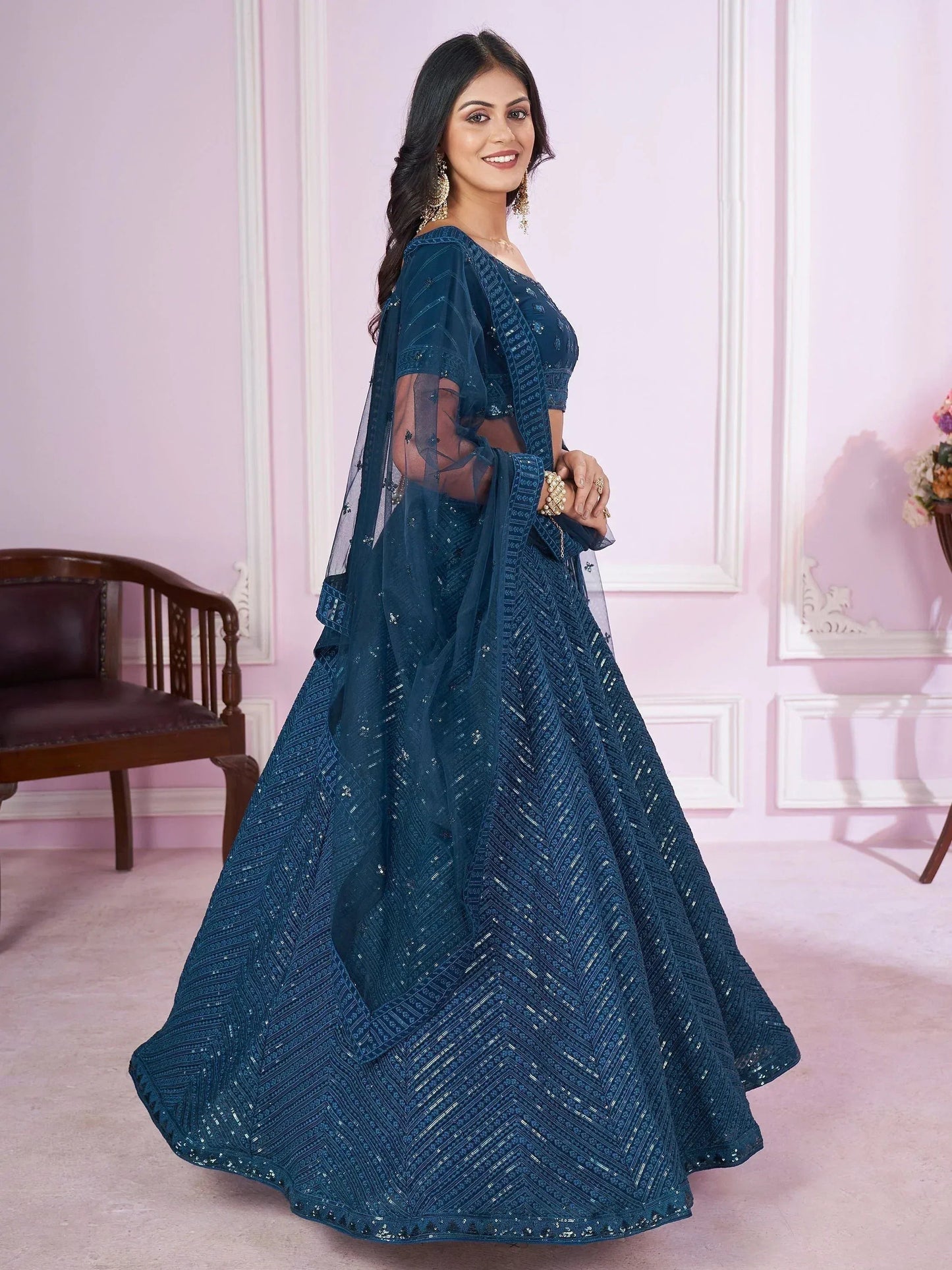Tulsi Art Stunning Teal Blue Sequins Georgette Wedding Wear Lehenga Choli