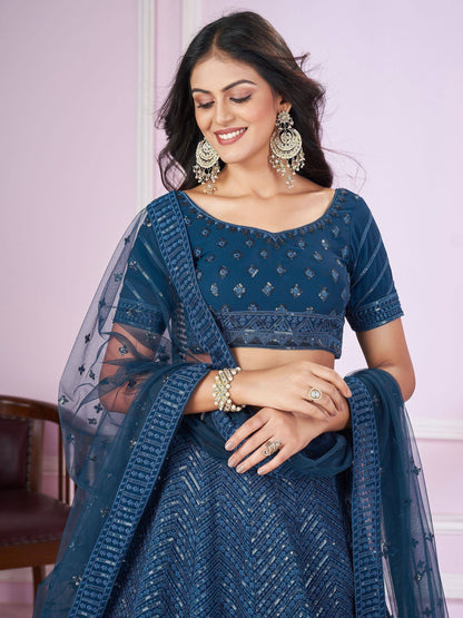 Tulsi Art Stunning Teal Blue Sequins Georgette Wedding Wear Lehenga Choli