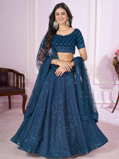 Tulsi Art Stunning Teal Blue Sequins Georgette Wedding Wear Lehenga Choli