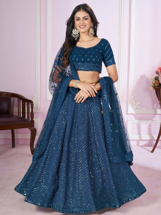 Tulsi Art Stunning Teal Blue Sequins Georgette Wedding Wear Lehenga Choli