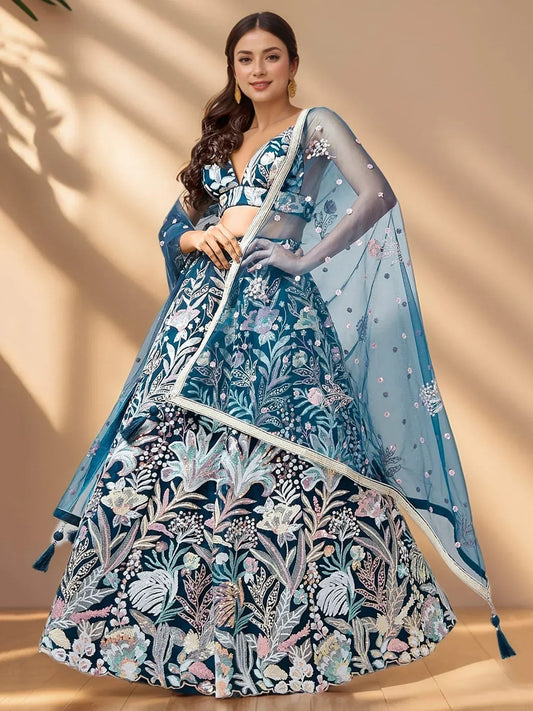 Tulsi Art Stunning Teal Blue Sequins Net Designer Lehenga Choli With Dupatta