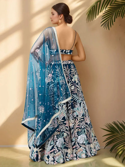 Tulsi Art Stunning Teal Blue Sequins Net Designer Lehenga Choli With Dupatta