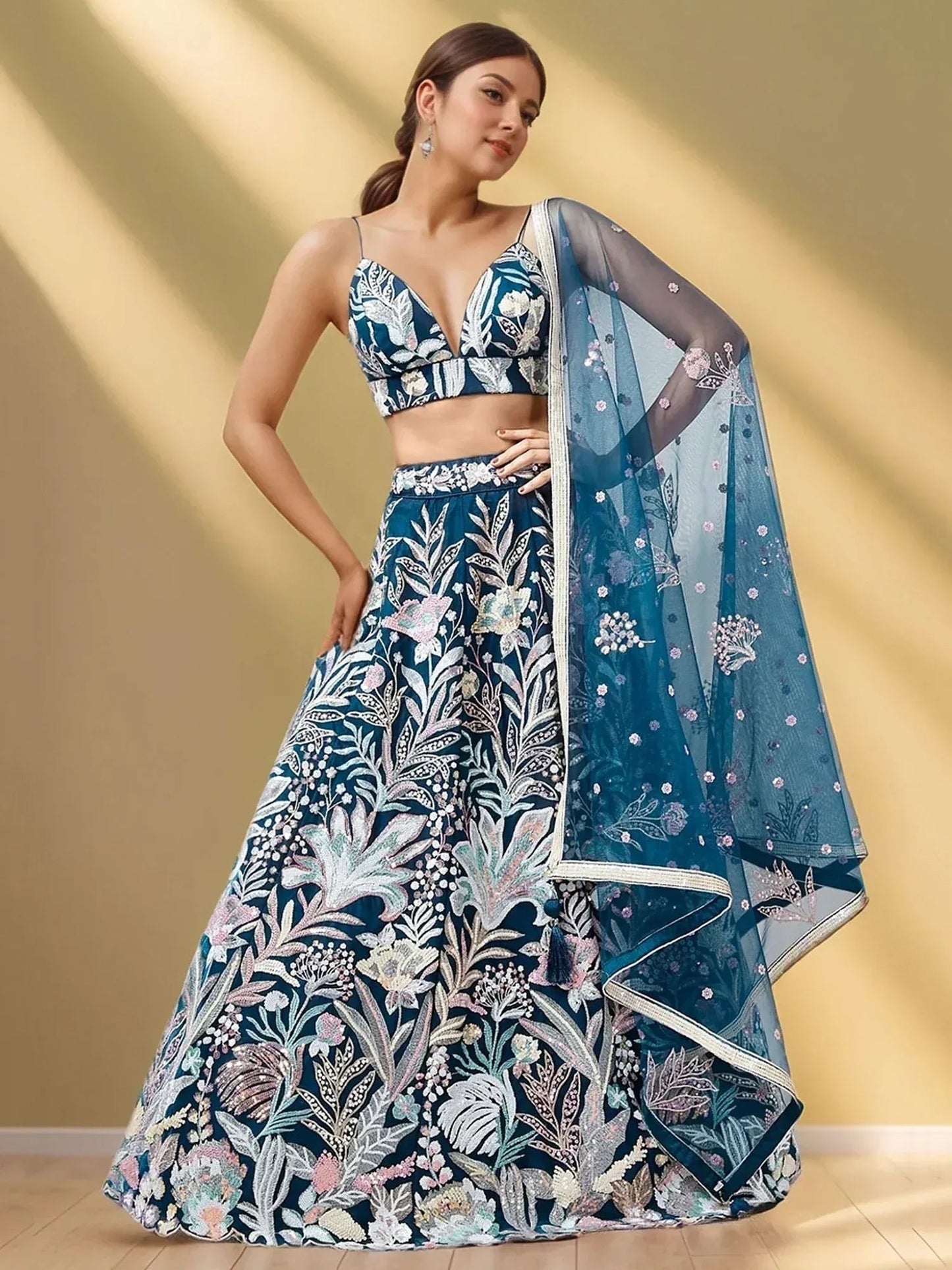 Tulsi Art Stunning Teal Blue Sequins Net Designer Lehenga Choli With Dupatta
