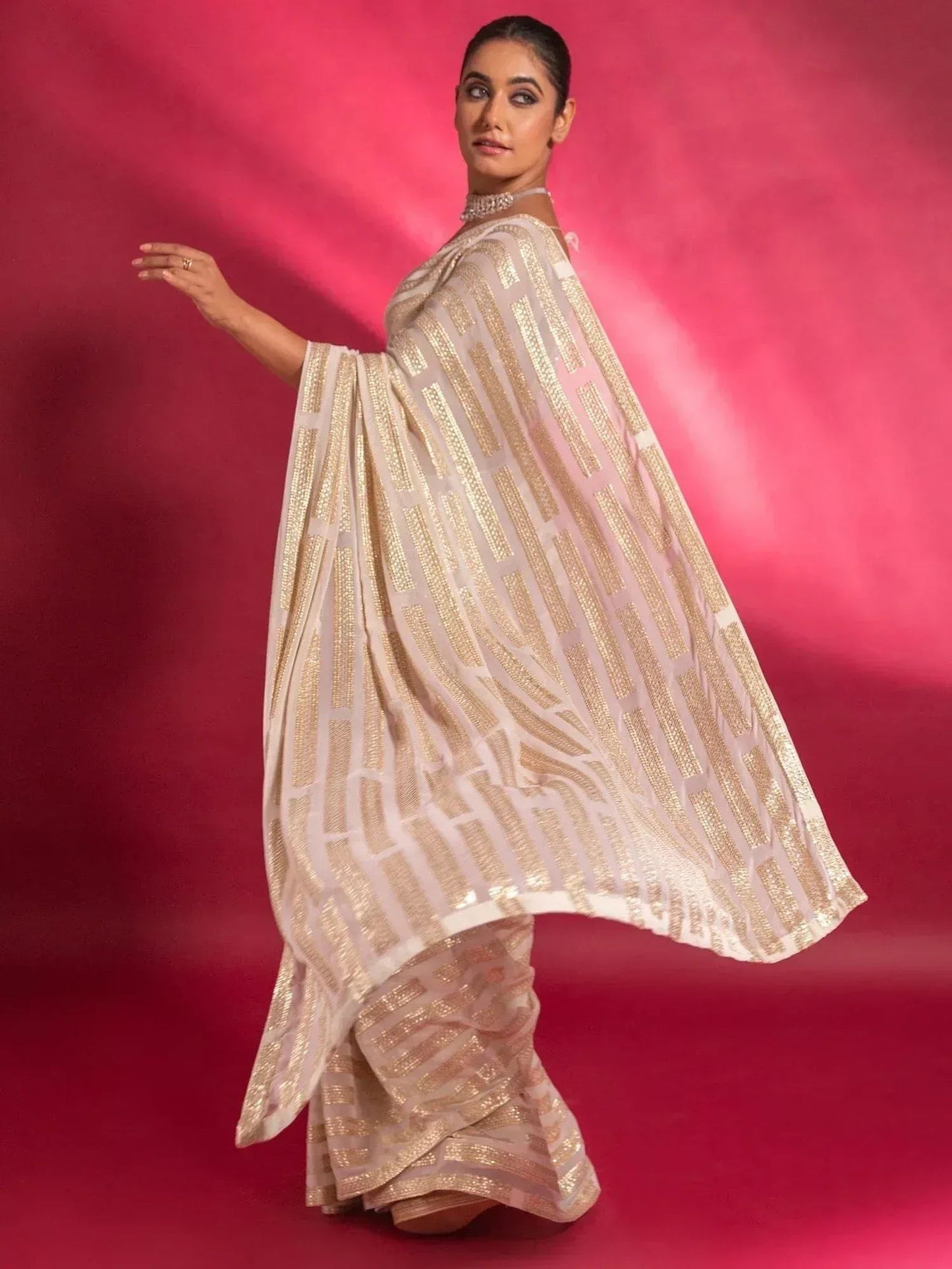 Tulsi Art Stunning Ivory Sequins Georgette Designer Saree With Blouse