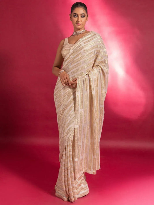 Tulsi Art Stunning Ivory Sequins Georgette Designer Saree With Blouse