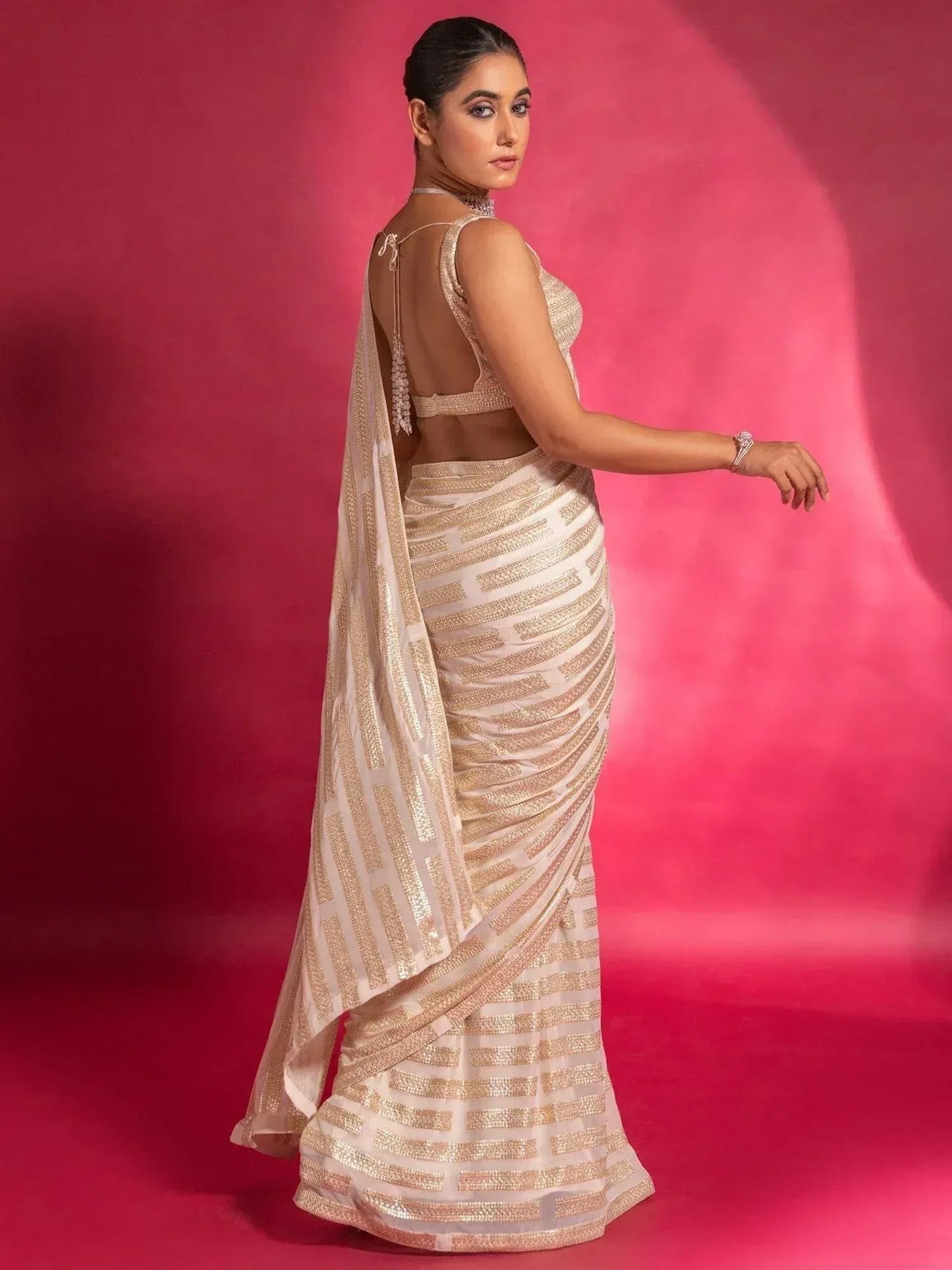 Tulsi Art Stunning Ivory Sequins Georgette Designer Saree With Blouse