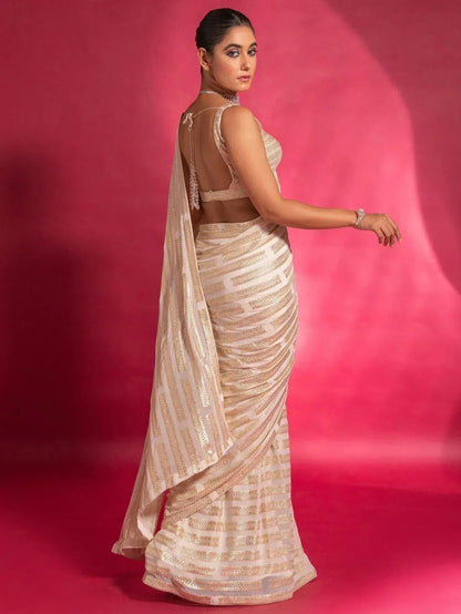 Tulsi Art Stunning Ivory Sequins Georgette Designer Saree With Blouse