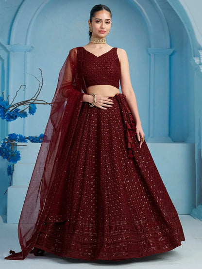 Tulsi Art Superior Maroon Sequins Georgette Reception Wear Lehenga With Blouse