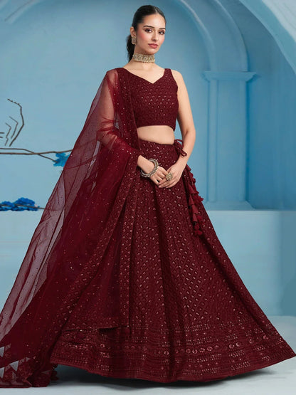 Tulsi Art Superior Maroon Sequins Georgette Reception Wear Lehenga With Blouse