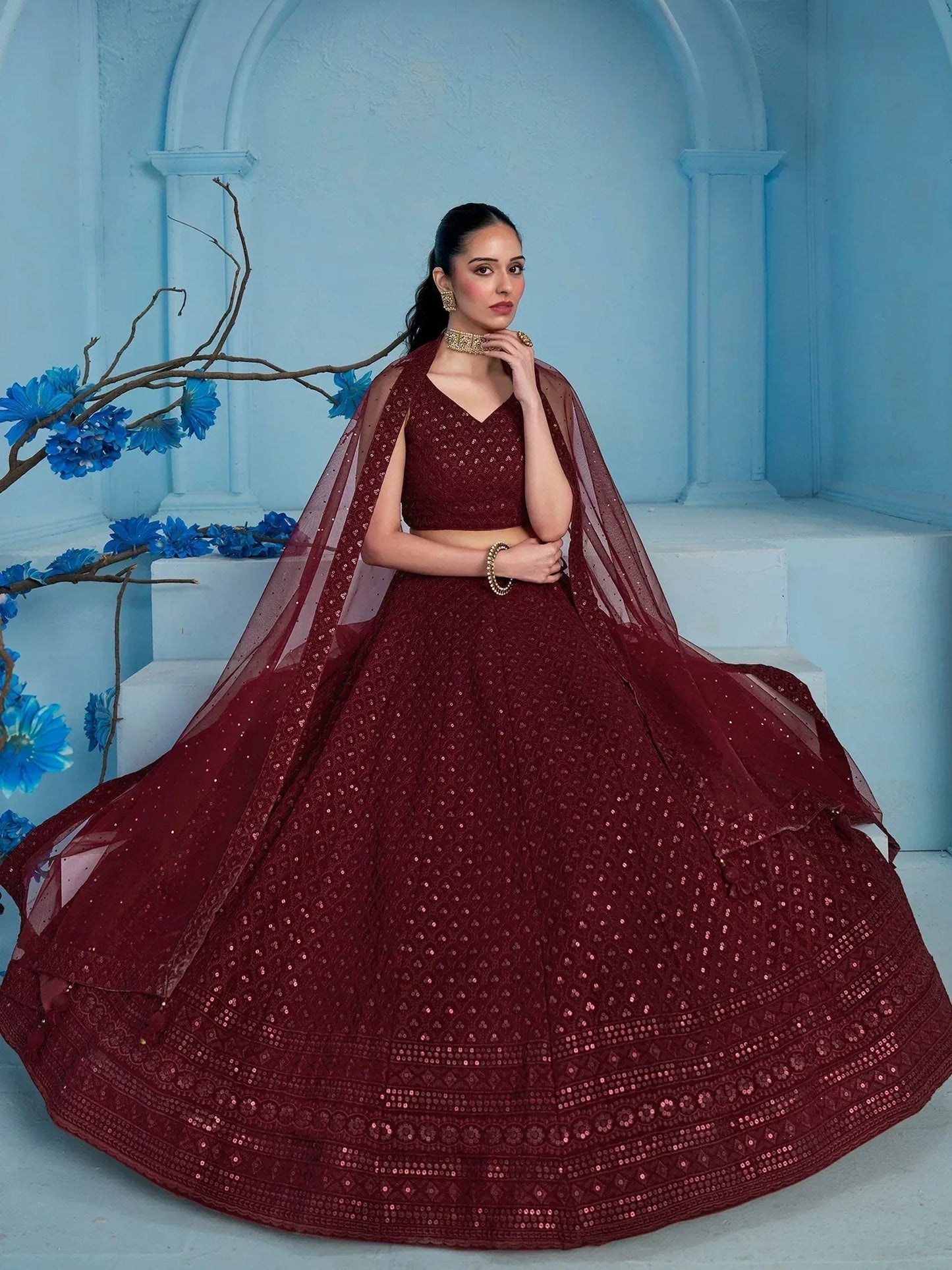Tulsi Art Superior Maroon Sequins Georgette Reception Wear Lehenga With Blouse