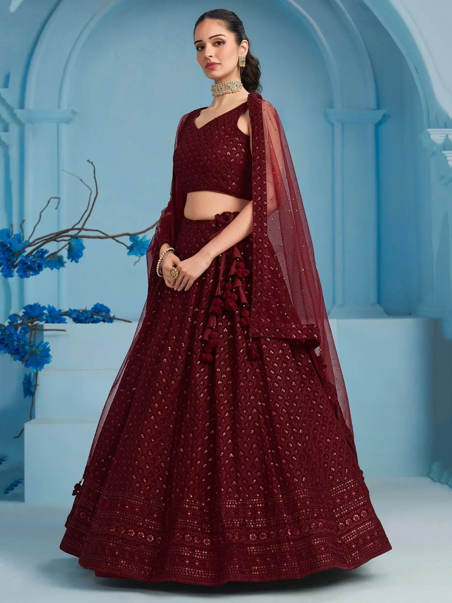 Tulsi Art Superior Maroon Sequins Georgette Reception Wear Lehenga With Blouse