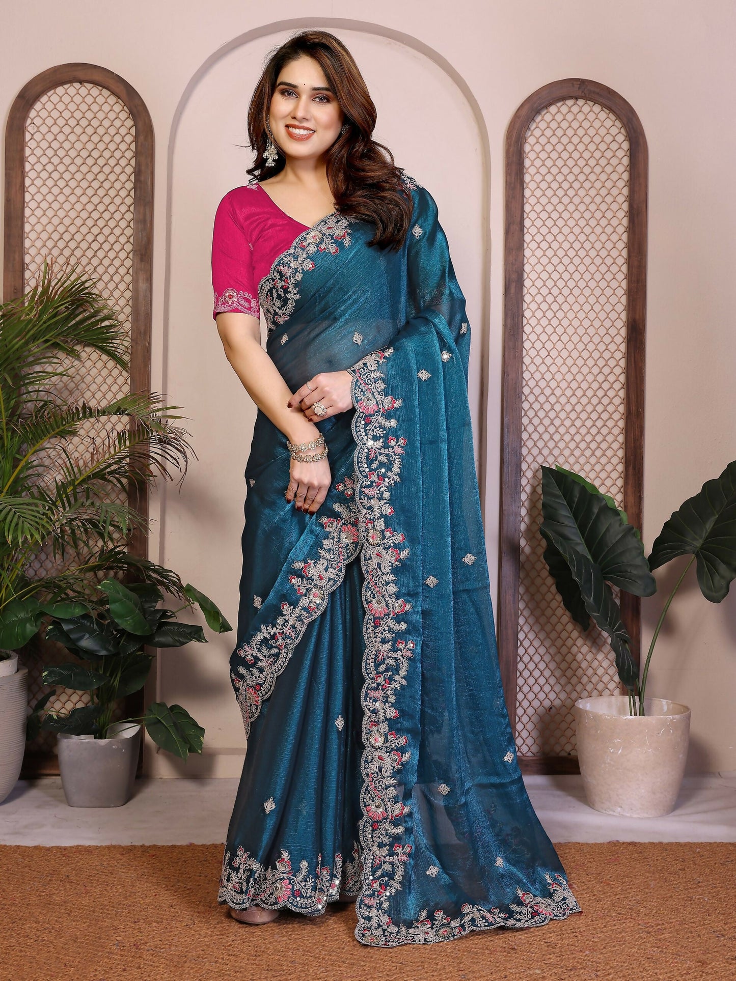 Teeya Creation New Womens Latest Party Wear Soft Chiffon Silk Saree-Blue