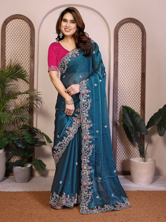 Teeya Creation New Womens Latest Party Wear Soft Chiffon Silk Saree-Blue