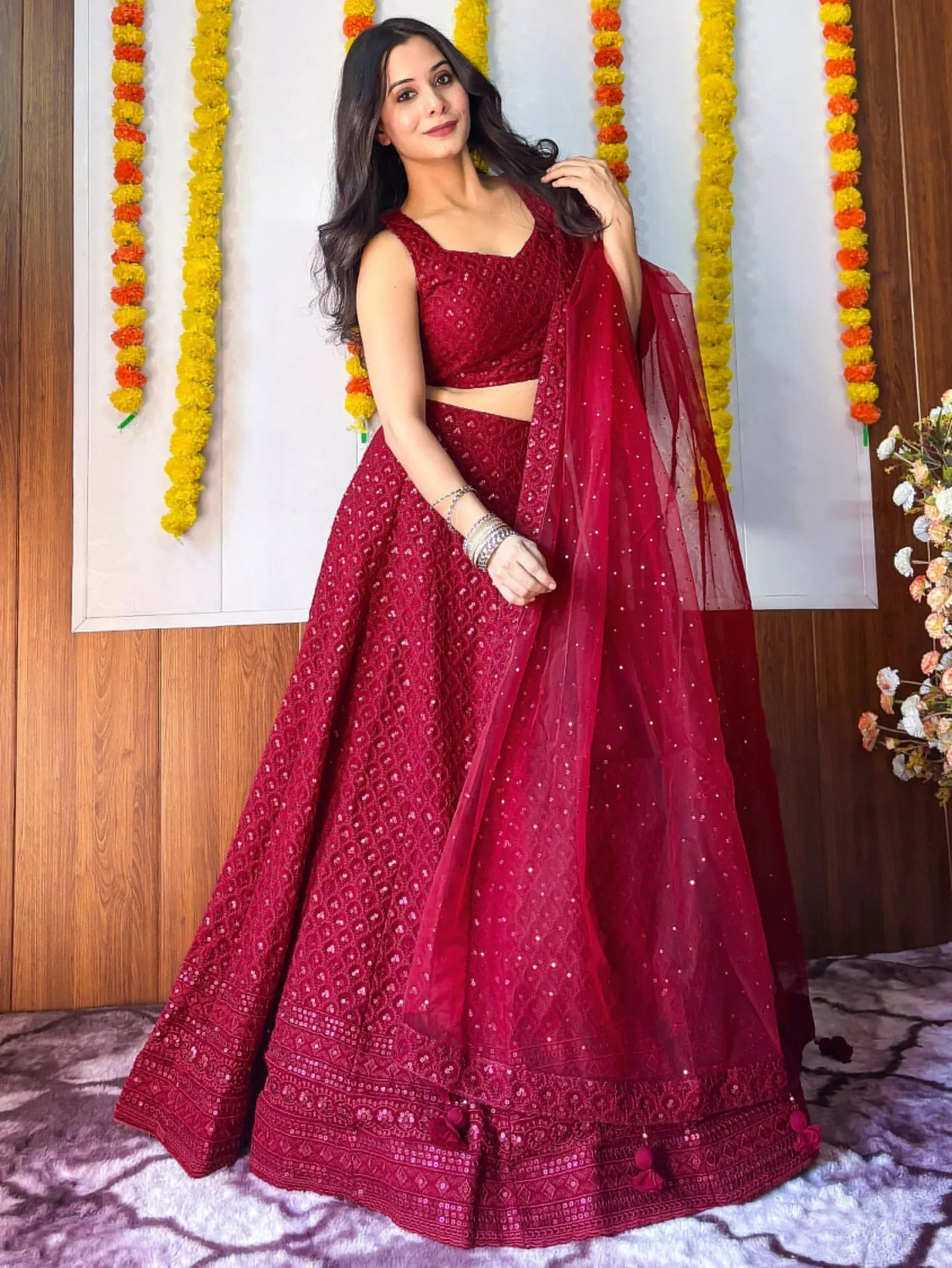 Tulsi Art Sweet Maroon Sequins Georgette Festival Wear Lehenga Choli
