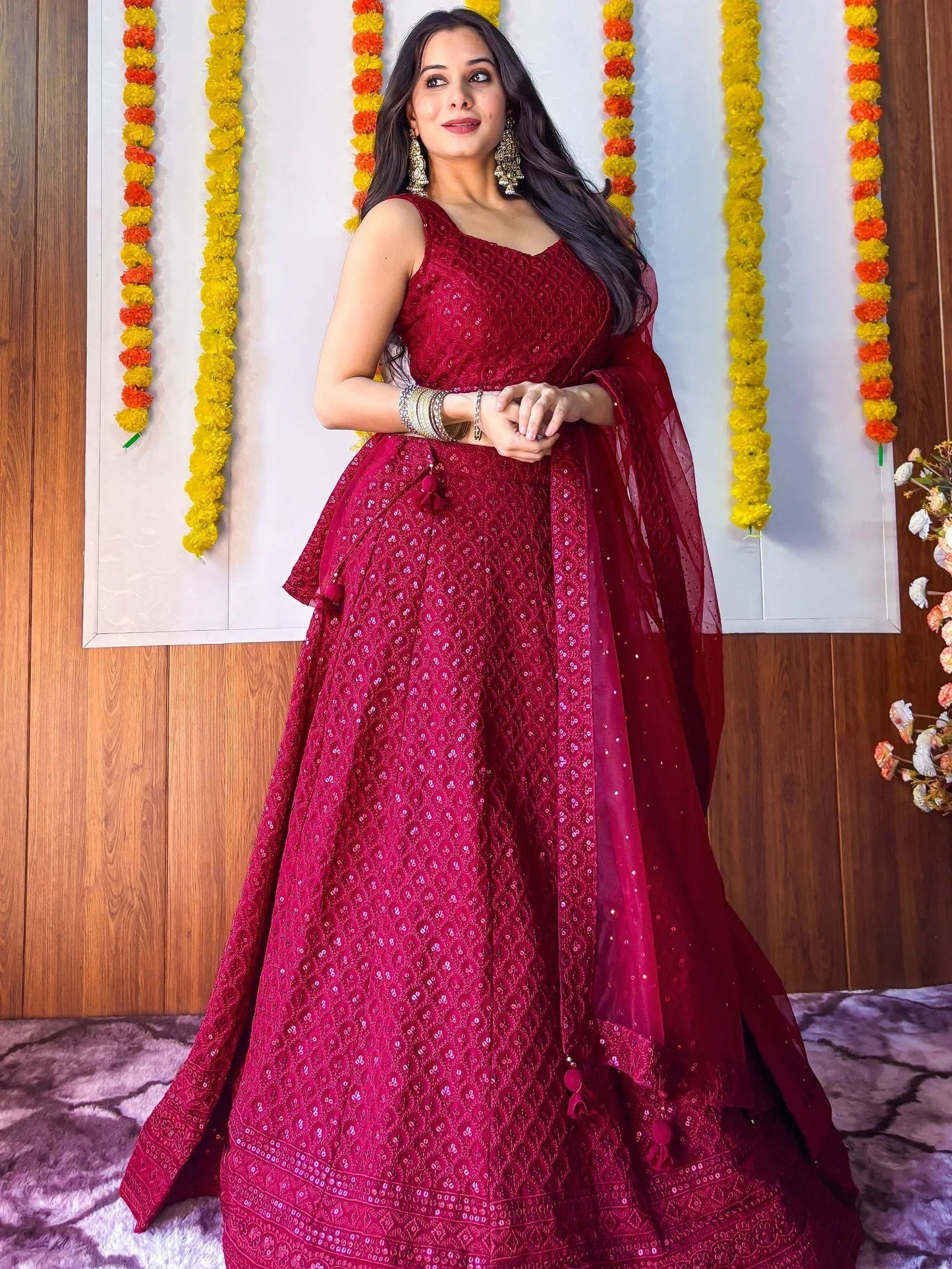 Tulsi Art Sweet Maroon Sequins Georgette Festival Wear Lehenga Choli