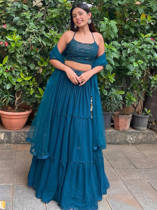 Tulsi Art Sweet Teal Blue Georgette Party Wear Lehenga Choli With Dupatta