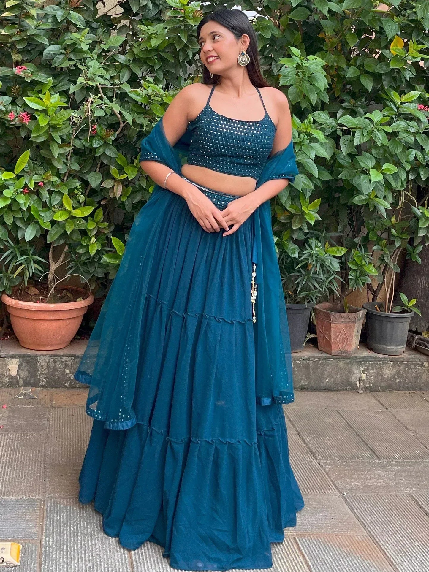 Tulsi Art Sweet Teal Blue Georgette Party Wear Lehenga Choli With Dupatta
