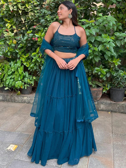 Tulsi Art Sweet Teal Blue Georgette Party Wear Lehenga Choli With Dupatta