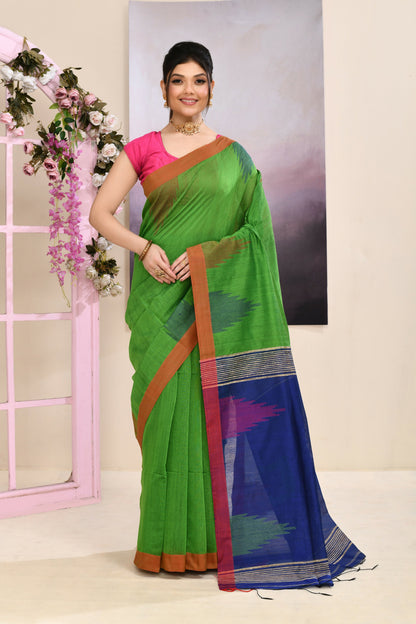 Piyari Fashion Women's Green Temple Border Embellished Cotton Blend Jamdani Saree