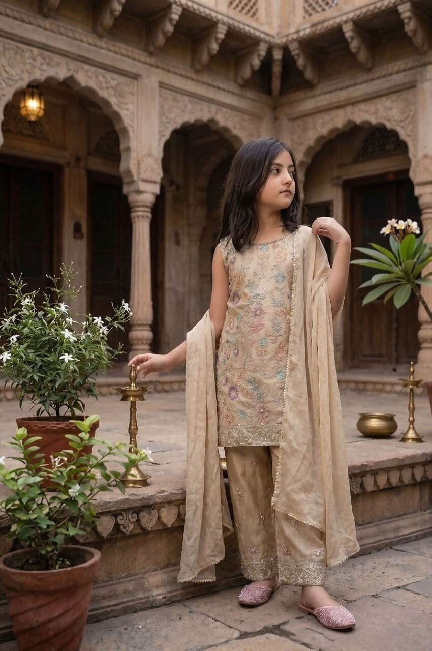 Teeya Creation Trendy Stylish Kids Wear Heavy Embroidery Sequence Work Kurta Set -Beige