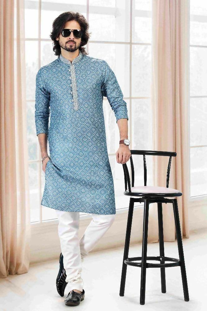Raivat Ethnic Cotton Thread Work Kurta Pajama In Blue Colour