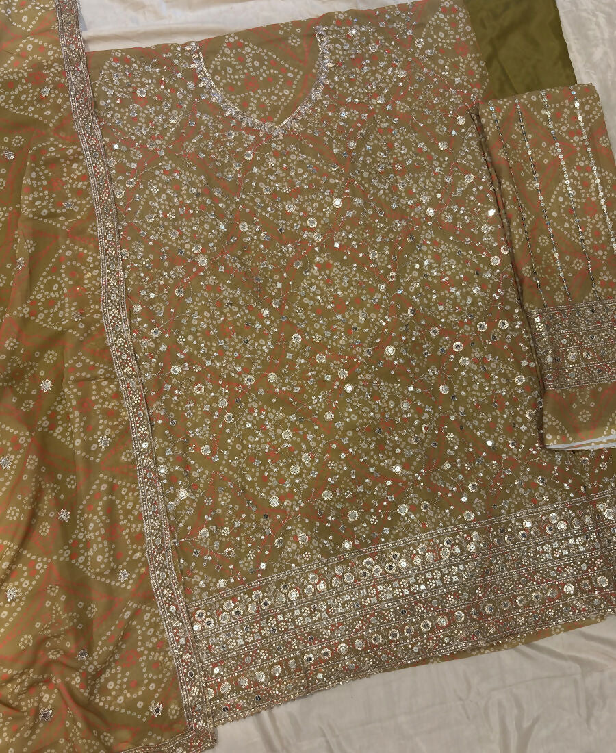 KC Mustard Bandhani Printed Heavy Emrboidery Worked Sharara Suit Ethnic Wear