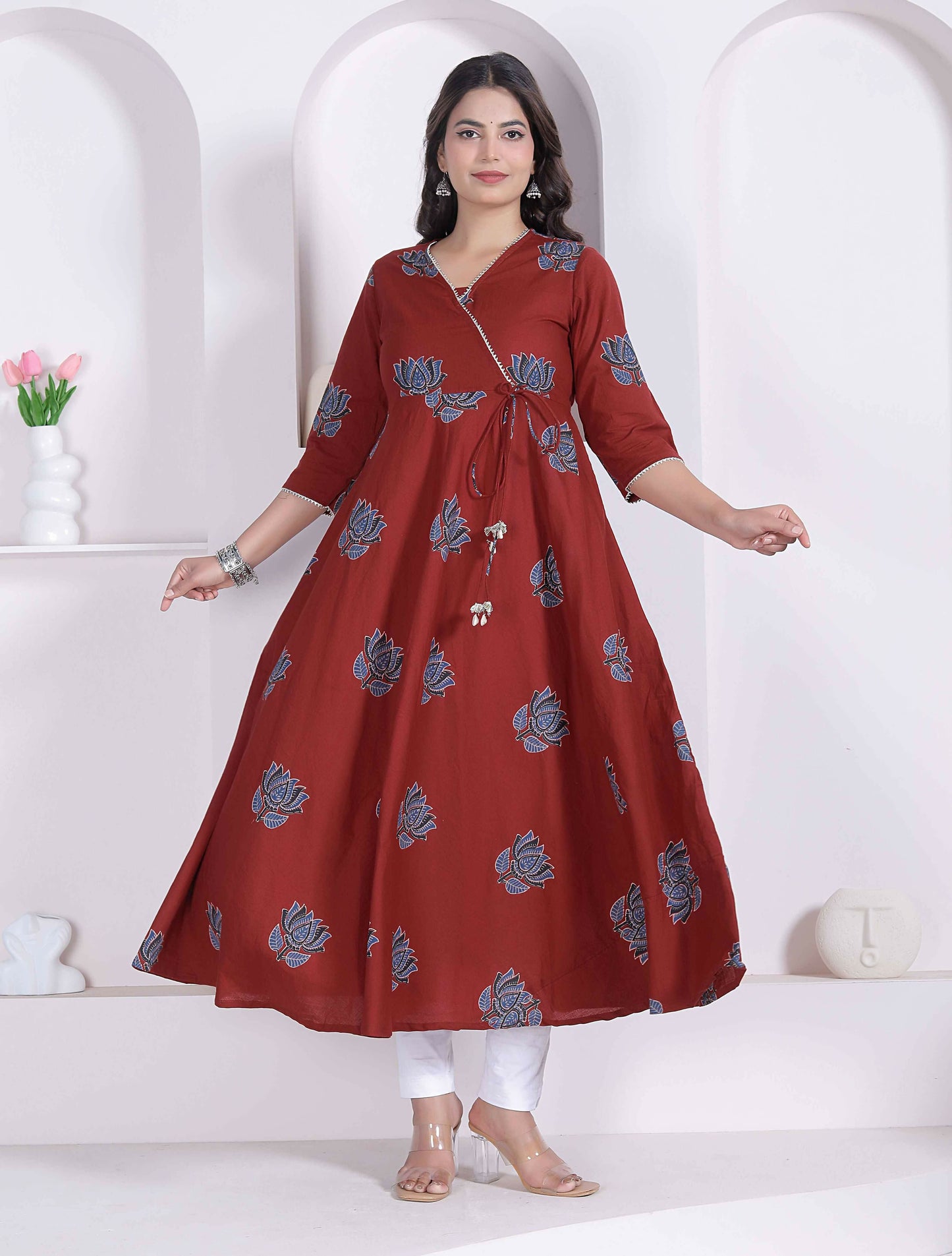 Miravan Womens Rust Floral Printed Pure Cotton Gota Patti Angrakha Kurta