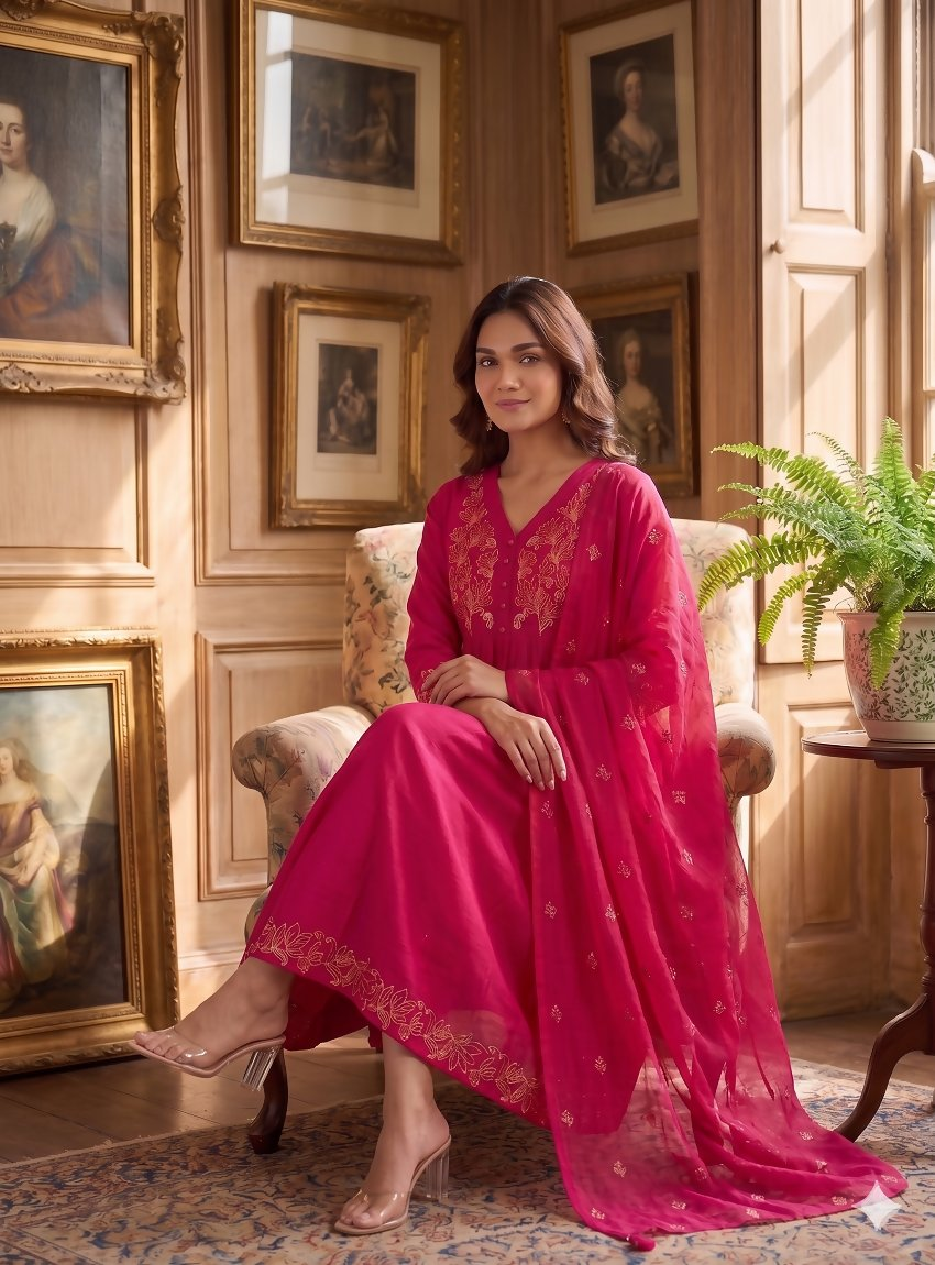 Teeya Creation Elegant Hot Pink Flared Anarkali Kurti And Dupatta Set For Women
