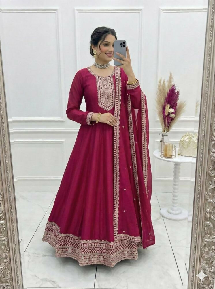 The52 Women's Gorgeous Embroidery Work Vichitra SIlk Fabric Flared Anarkali Dupatta Set