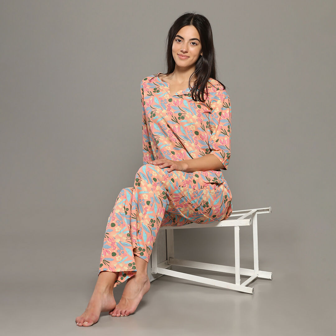 Breathables Women Cotton Printed Loungewear Kurta And Pants Co-Ord Set Peach I Night Wear | Floral Print