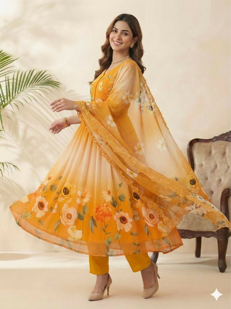 Teeya Creation Womens New Fancy Fox Georgette Heavy Quality Fabric With Handwork Yellow Gown Set