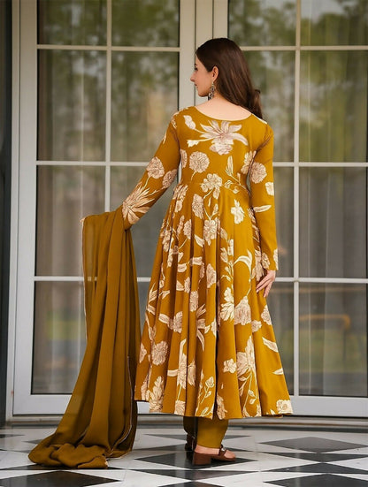 Teeya Creation Mustard Yellow Floral Printed Anarkali Kurta With Pant And Dupatta