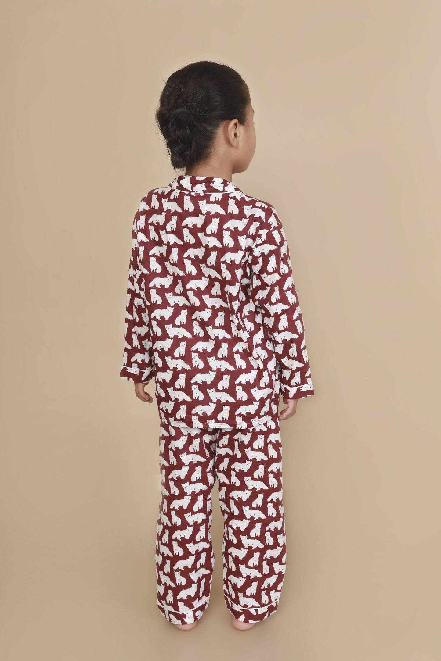 Breathables Kids Cotton Night Suit  Maroon Cat Print Shirt & Pyjama Co-Ord Set For Boys & Girls