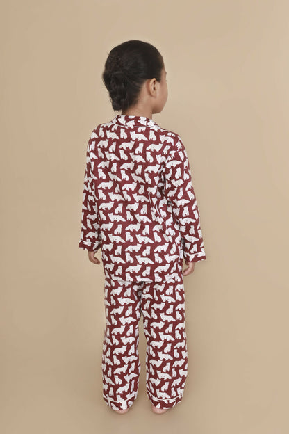 Breathables Kids Cotton Night Suit  Maroon Cat Print Shirt & Pyjama Co-Ord Set For Boys & Girls