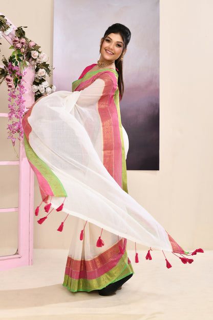 Piyari Fashion Women's Off White Embellished Zari Border Cotton Saree