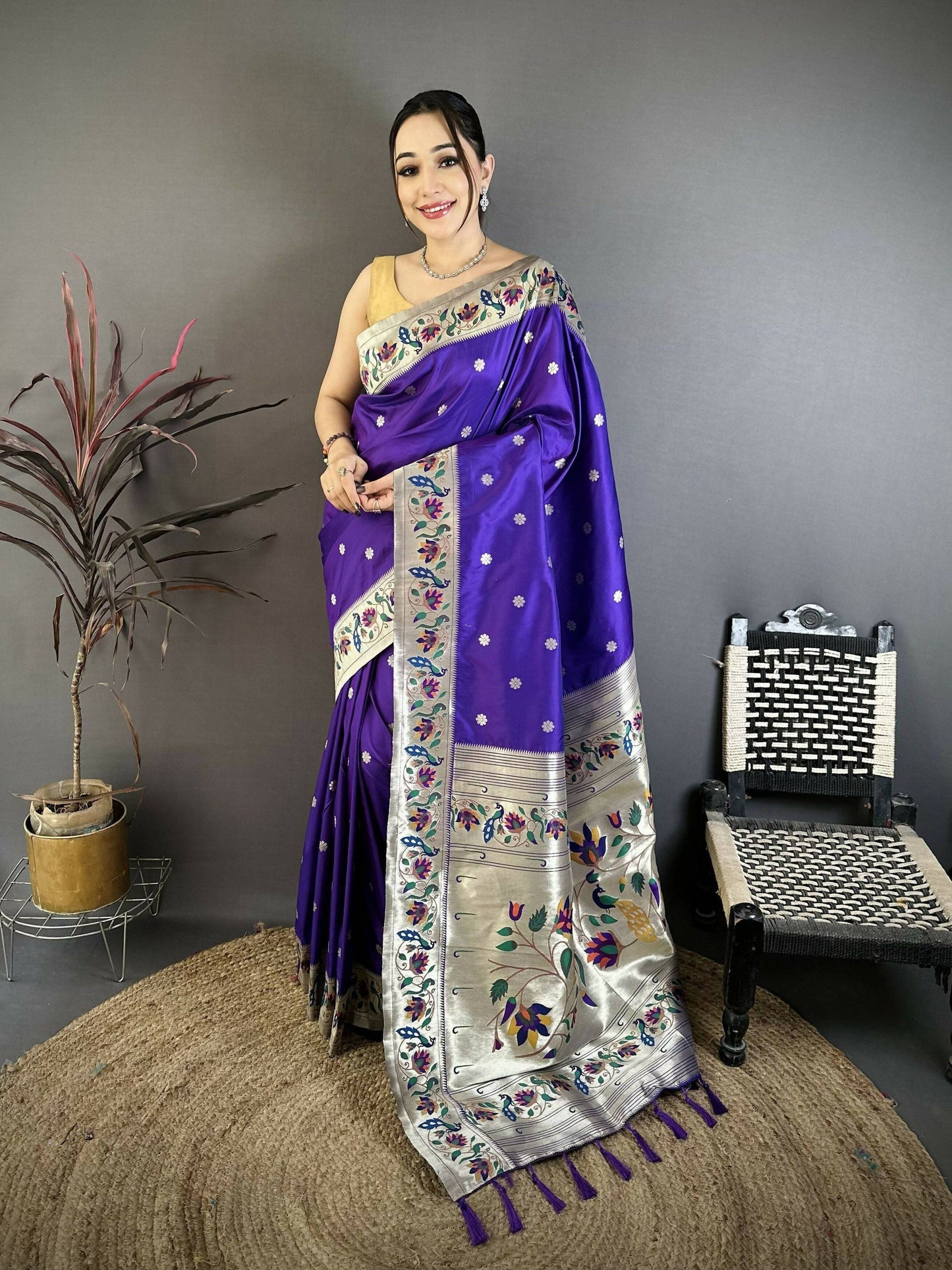 Prime Volt Premium Soft Silk Mayur Paithani Saree with Peacock Meena Weaving & Rich Pallu-Royal Purple