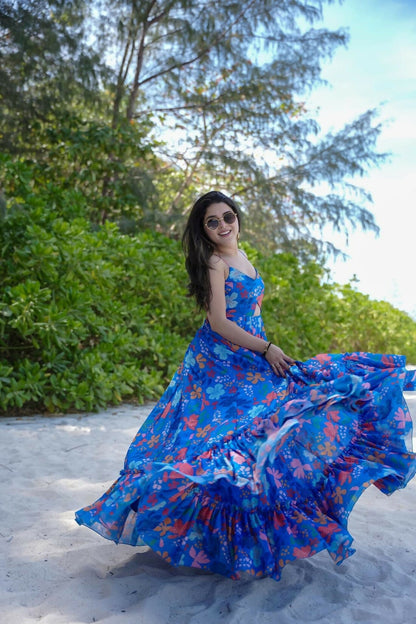 The52 Women's Gorgeous Flared Partywear Designer Poly Rayon Gown-Blue