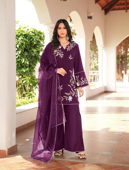 Nikhaar Magenta Embroidered Art Silk Stitched Straight Cut Kurta Culottes Dupatta Readymade Suit