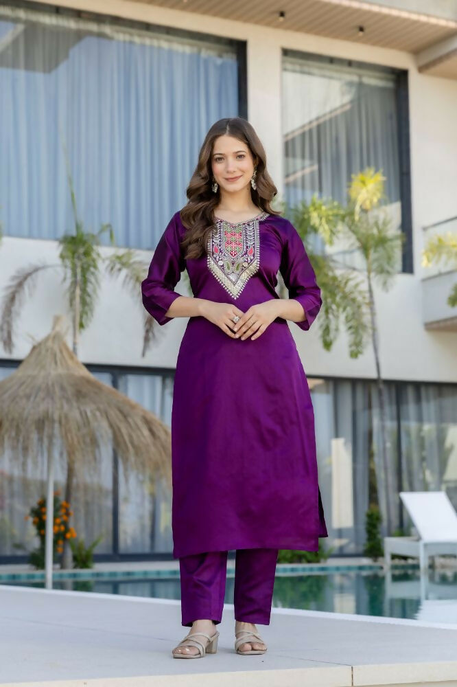 The52 Women's Gorgeous Embroidery Work Chanderi Cotton Fabric Straight Kurta Pant and Dupatta Set