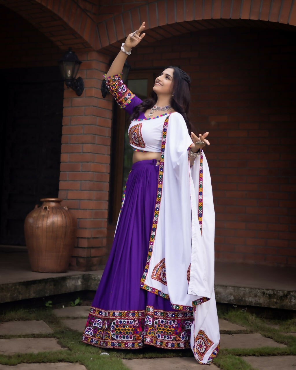 Yash Enterprise Purple White Rayon Cotton Embroidery Semi Stitched Navratri Top Chaniya Choli