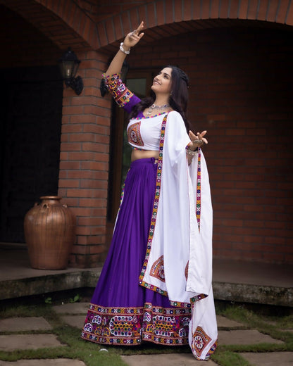Yash Enterprise Purple White Rayon Cotton Embroidery Semi Stitched Navratri Top Chaniya Choli