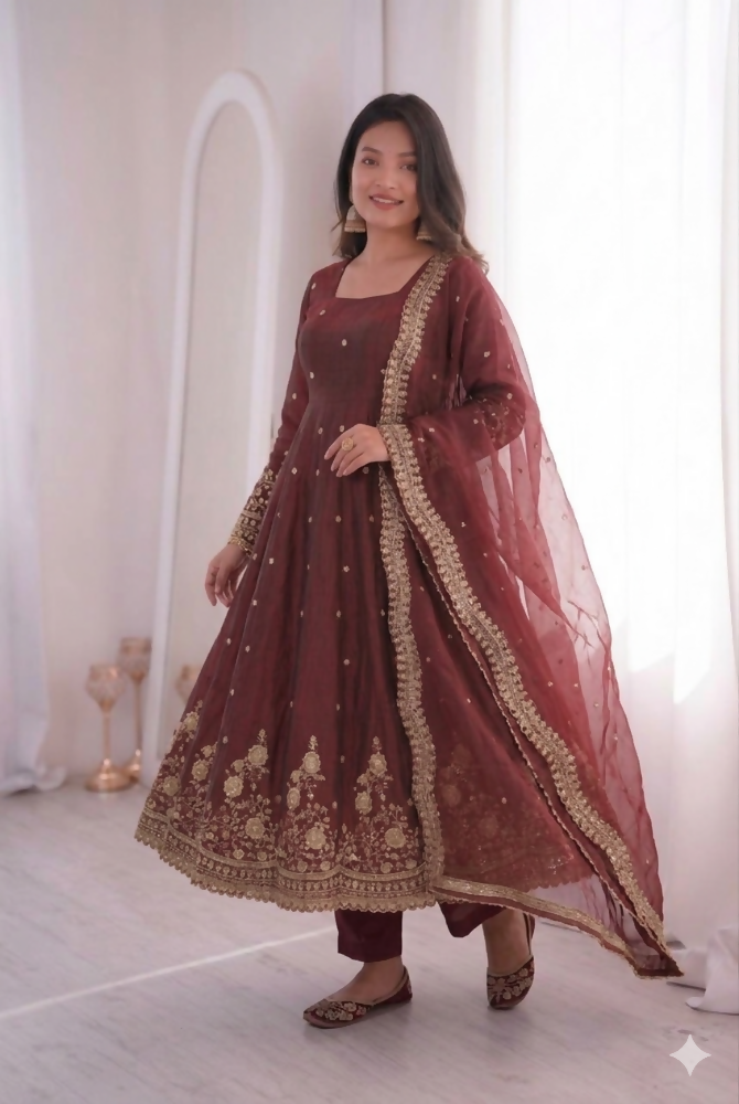 Teeya Creation Womens New Latest Trendy Elegant Maroon Embroidered Anarkali Suit Set with Scalloped Dupatta