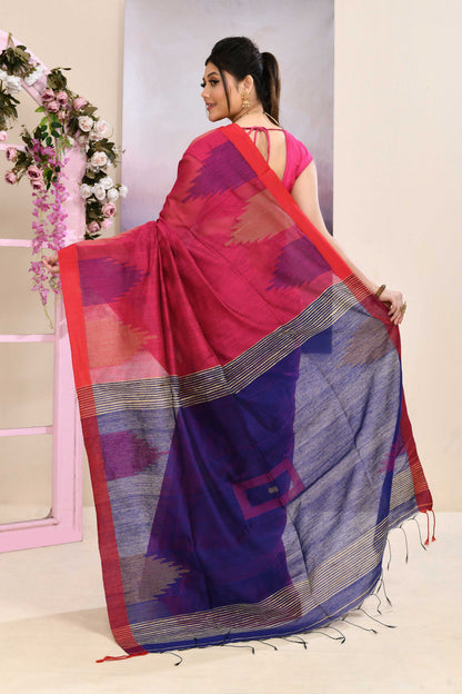 Piyari Fashion Women's Pink Temple Border Embellished Cotton Blend Jamdani Saree