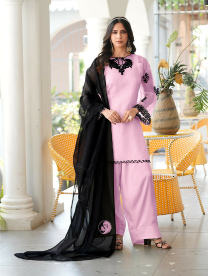 Nikhaar Light Pink Embroidered Organza Stitched Straight Cut Kurta Farshi Salwar Dupatta Readymade Suit